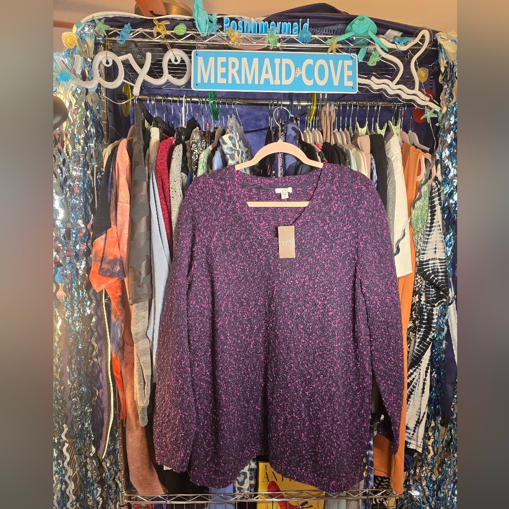 #0484 XLTall NWT J.JILL Sweater Prple/Blk Marled 24-27"ptp 31.25"Long Side Slits